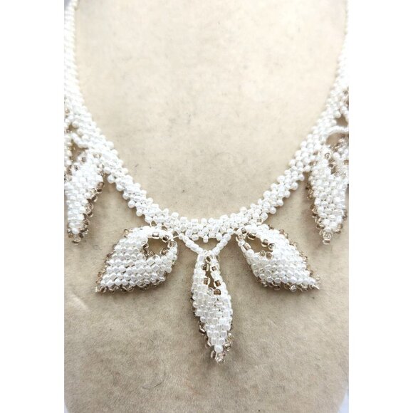Hand Woven White Beaded Leaf Necklace With Gold Bead Trim - Unusual - Picture 5 of 5